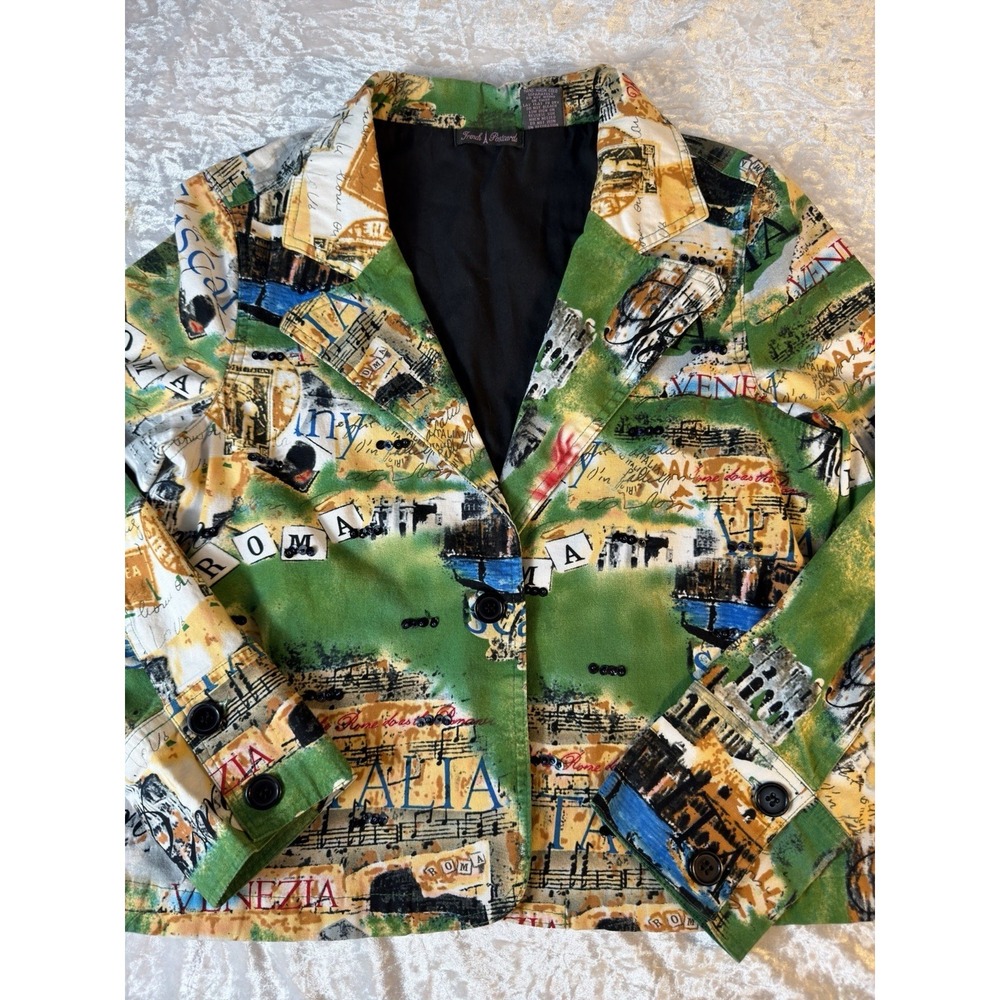 Trudi A Postcards Italy Print Blazer Jacket Womens L‎ Art To Wear Roma Venezia